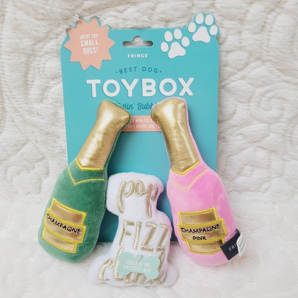 Fringe 3 Piece Mini Dog Toy Feeling Bubbly Plush Champagne Squeaker Crinkle New